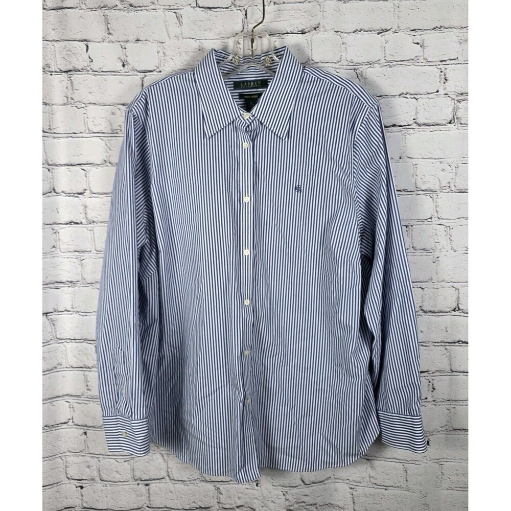 LRL Ralph Lauren Womens 1X Blue Striped Classic Fit No-Iron Button Up Shirt